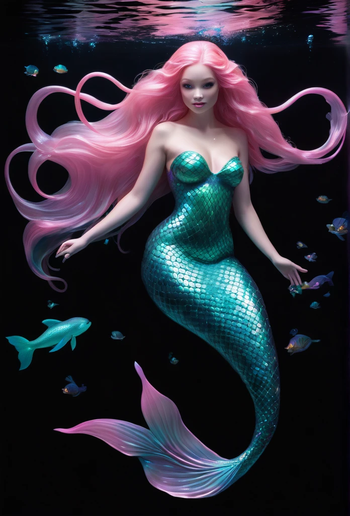 A big mermaid (full body), bioluminescent light pink, floating in completely black background