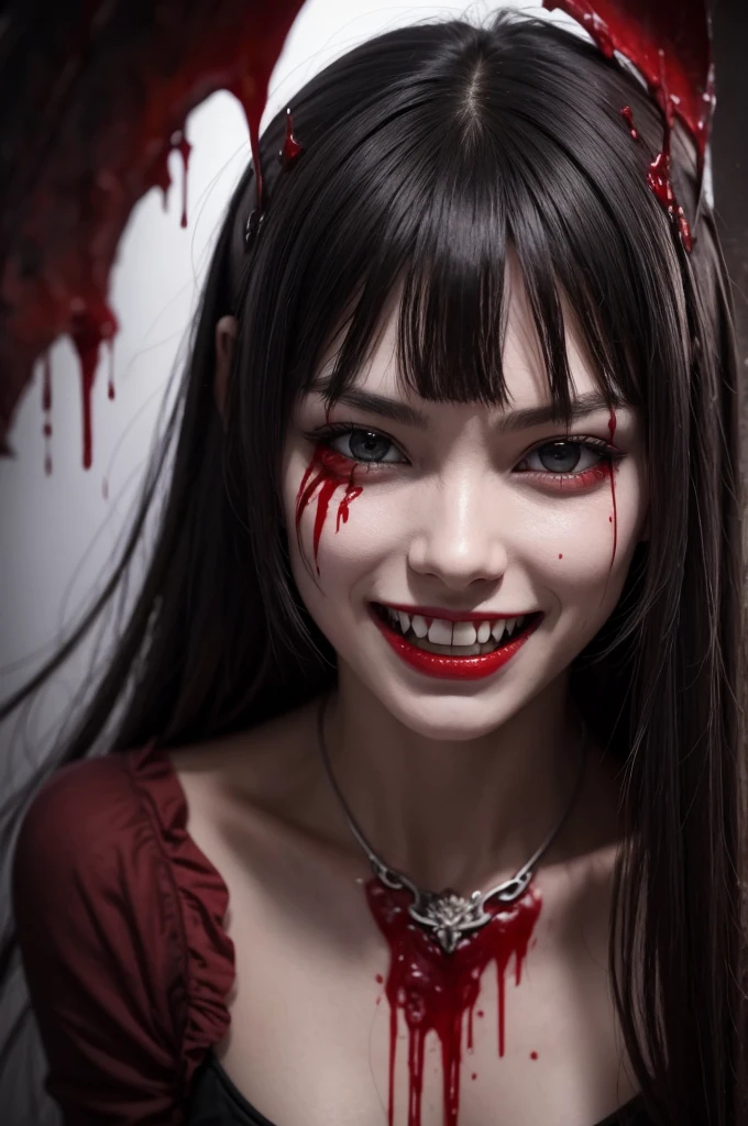 A scary looking girl, blood through the body, sadistic smile, sharp fangs