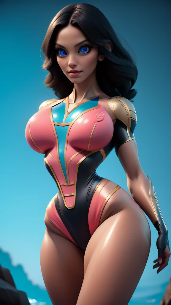 a beautiful feminine alien in a swimsuit, dynamic superheroine, full body, highly detailed facial features, piercing eyes, long eyelashes, full lips, sharp nose, mesmerizing expression, graceful pose, muscular toned body, flowing hair, intricate swimsuit design, glowing skin, black hair, dramatic lighting, cinematic atmosphere, vibrant colors, photorealistic, 8k, best quality, masterpiece