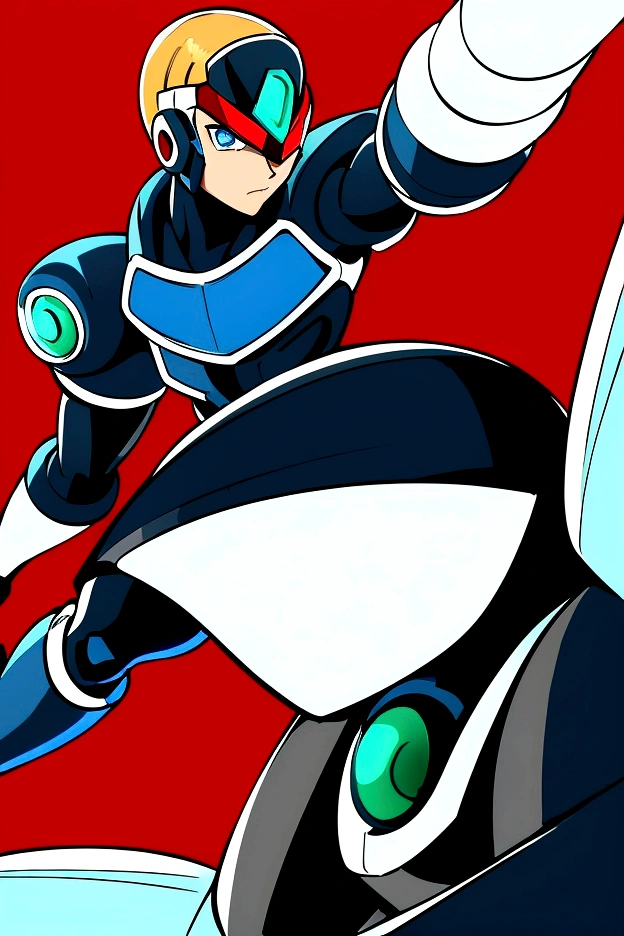 The male reploid has blue eyes, your body is slim and stylized, blondie hair,black like he&#39;s wearing spandex that color, he has a blue and black jacket that only reaches the top half of his body, He has a somewhat plain blue and black helmet with a triangle-shaped red gem in the center, your helmet also leaves your face exposed, he wears a white groin protector like Zero and has white stripes on his thighs, he has boots that don&#39;t reach that far up to his knees, black and blue last. His right arm is a Mega Buster, equally green and a red saber.