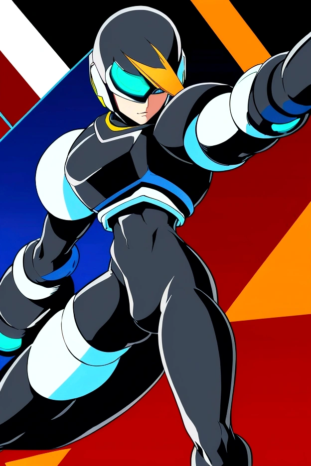 The male reploid has blue eyes, your body is slim and stylized, blondie hair,black like he&#39;s wearing spandex that color, he has a blue and black jacket that only reaches the top half of his body, He has a somewhat plain blue and black helmet with a triangle-shaped red gem in the center, your helmet also leaves your face exposed, he wears a white groin protector like Zero and has white stripes on his thighs, he has boots that don&#39;t reach that far up to his knees, black and blue last. His right arm is a Mega Buster, equally green and a red saber.