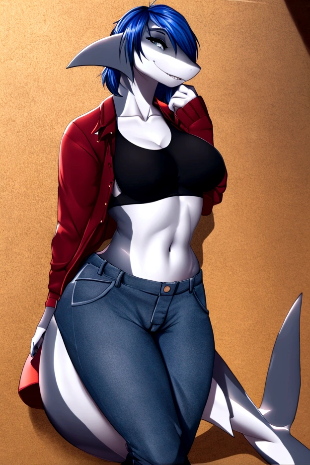 masterpiece, best_quality, ultra-detailed, highres, UHD, 4K, 8K, 1girl, solo, beautiful_and_delicate, anthro, anthromorph, anthro-shark, anime_girl, shark_fin, glossy_skin, (white_skin), shark_tail, sharp_teeth, crop top and jean hot pants, water_theme, cowboy_shot, full body view