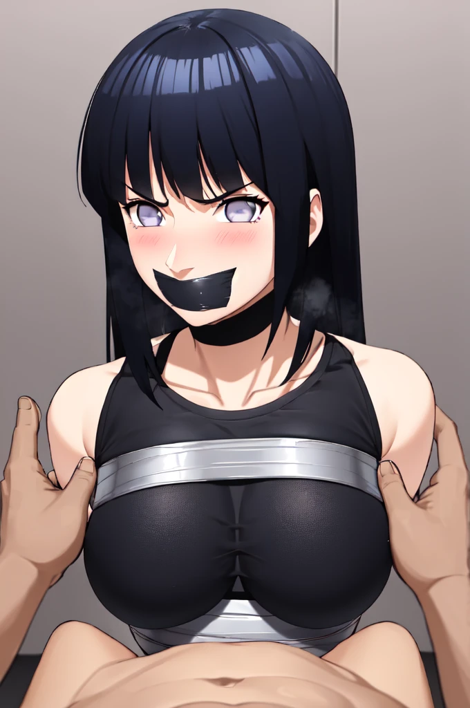 masterpiece, absurdres, 1girl, hinata\(shippuden\), solo, fullbody nude, looking at viewer, floating hair, wind, (Best Quality), length hair, large breasts, breasts out, Bound, Bondage, (arms behind back:1.4), BDSM, tape, TAPE BONDAGE, srestrained, best anatomy, Curled up, Upper body, nude, angry face, mouth gagged, blushing face, (men touching her), touching breasts, (((pov hand squeezing breasts)))