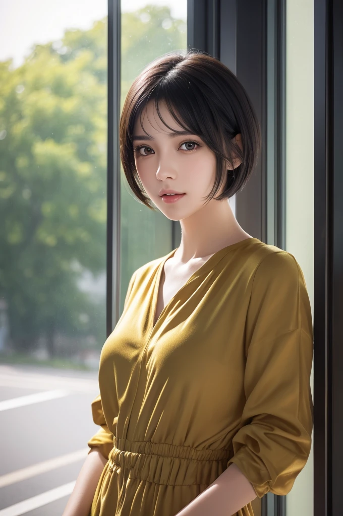 4K, Realistic, Highest quality, One girl, Beautiful Face, Realistic Face, Black Hair, short hair, Beautiful hairstyle, Realistic eyes, Beautiful attention to detail, Realistic Skin, Beautiful Skin, Absurd, Charm, Ultra-high resolution, Ultra-realistic, Very detailed, Golden Ratio、Window、Friendly atmosphere、Photo from the waist up