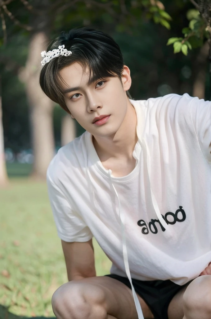 Asian muscular boy sitting on grass , wearing only white shirt, black micro thong, showing his naked thighs, muscular young male,, mid shot portrait, high quality portrait, Attractive pose, yanjun cheng, Inspired by Bian Shoumin, gorgeous young model, Casual pose, portrait a 25 - year - old boy, casual photography, Realistic. Cheng Yi, cute young man