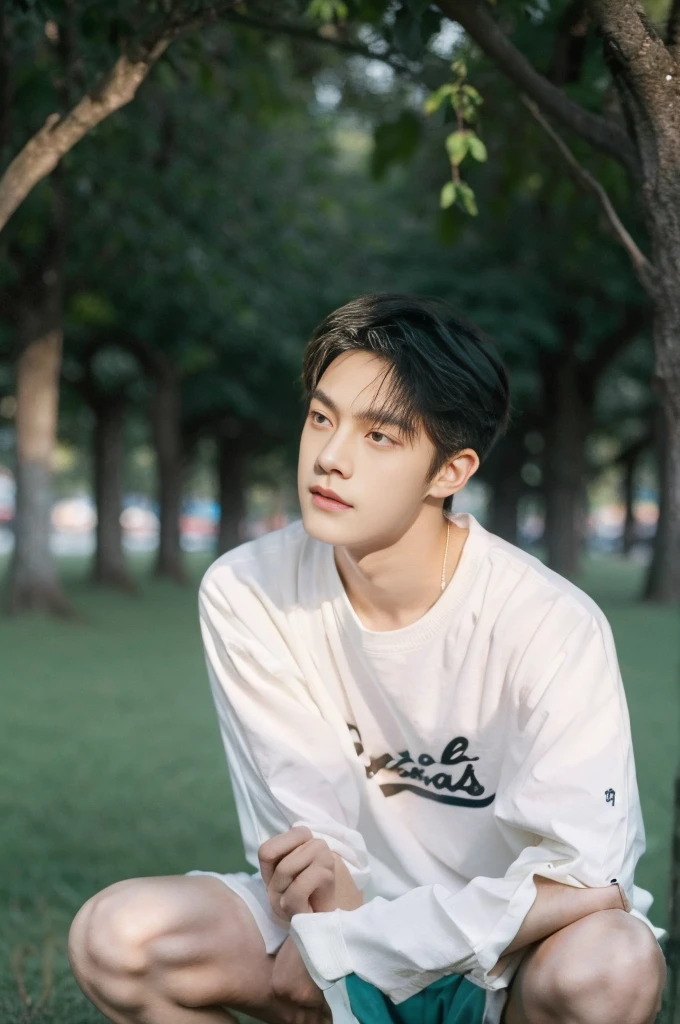 Asian muscular boy sitting on grass , wearing only white shirt, black micro thong, showing his naked thighs, muscular young male,, mid shot portrait, high quality portrait, Attractive pose, yanjun cheng, Inspired by Bian Shoumin, gorgeous young model, Casual pose, portrait a 25 - year - old boy, casual photography, Realistic. Cheng Yi, cute young man