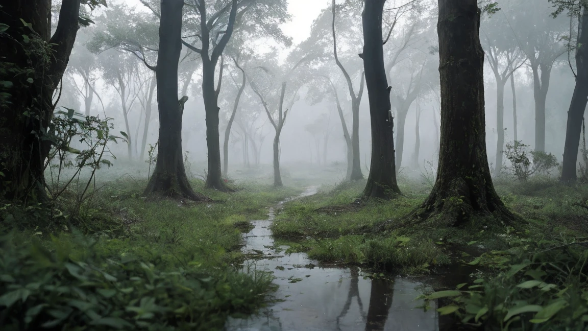 In a lush green forest, rain drops dripping on leaves are reflected in the frame.
The sparse rain softly touches the leaves and the ground in this scene.
The silhouettes of trees in the distance in a haze appear blurred by the rain.