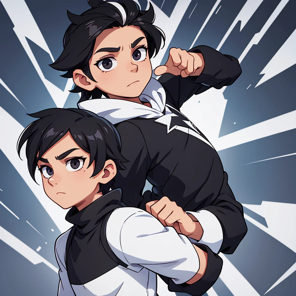male character, black hair with white streak, four pointed star, eyes black, black tee, White background, halfbody