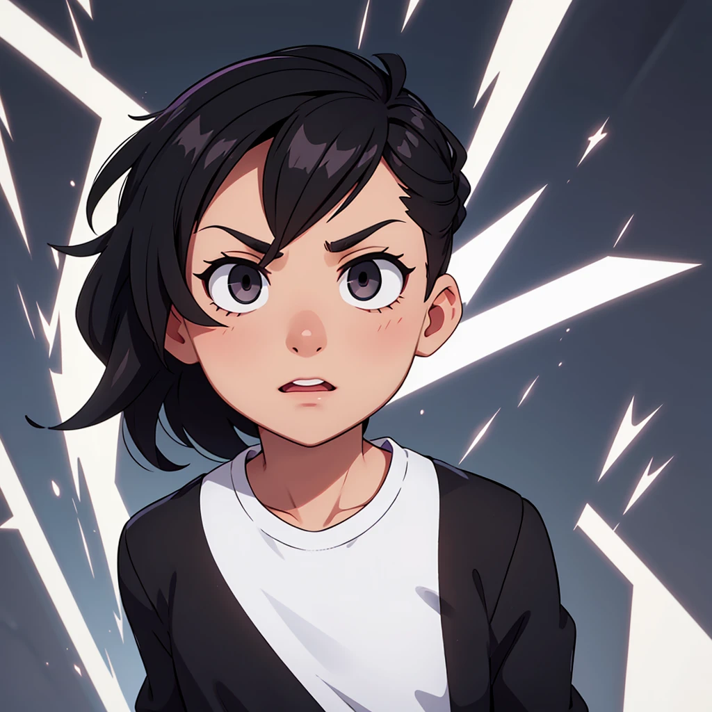 male character, black hair with white streak, four pointed star, eyes black, black tee, White background, halfbody