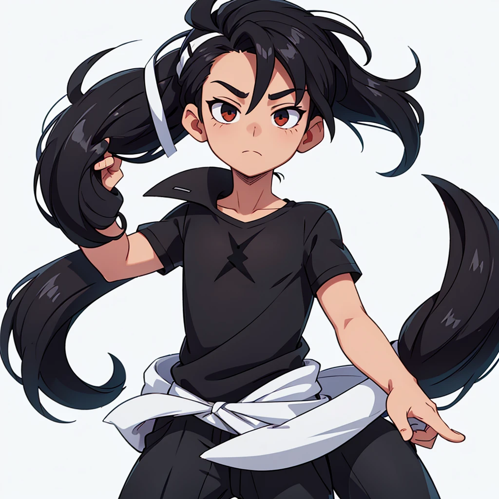 male character, black hair with white streak, four pointed star, eyes black, black tee, White background, halfbody