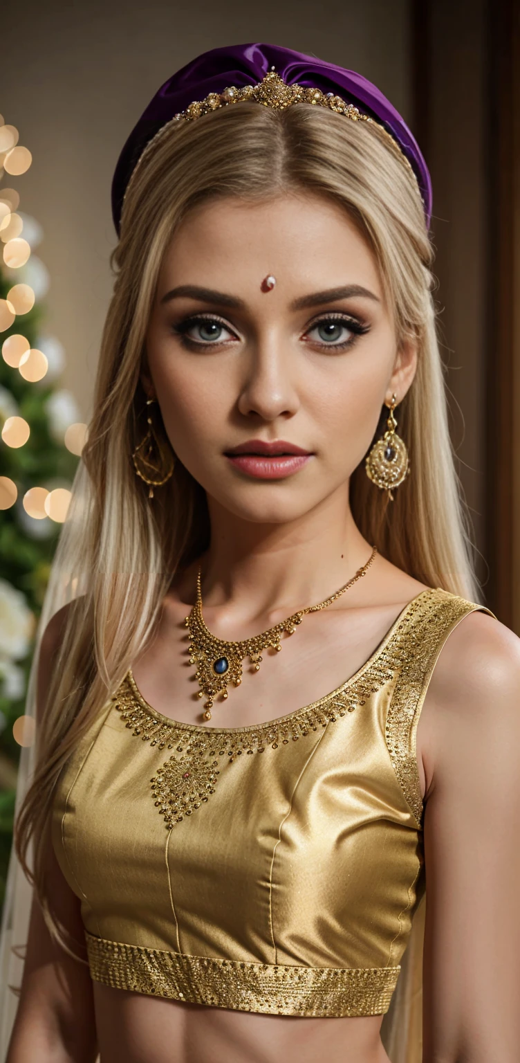 4K, UHD, masterpeice, blonde American girl, romantic face, detailed eyes, detailed lips, very long hair, straight hair, very long hair, beautiful hair, hair ornaments, hairband, gradient hair, ((purple tanktop)), ((bridal lehenga)), ((decorated blouse)), sardine, (( lehenga)), ((lace)), ornaments, necklace, earring, high lighting, ((bare stomach)), wedding stage, fujicolor, depth of field, ray tracing, ultra realistic detail, 