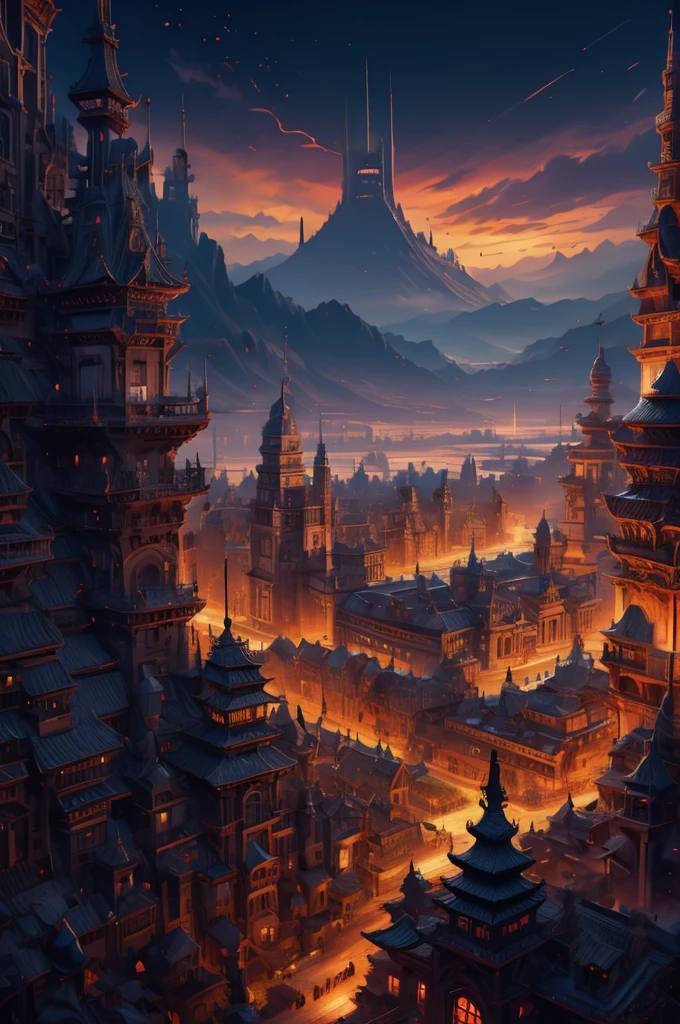 a large feudal cityscape, city of samurai, view from above, small ornate coliseum in the distance, stunning red accents and details, cinematic dramatic lighting, highly detailed, 8k, photorealistic, intricate architecture,