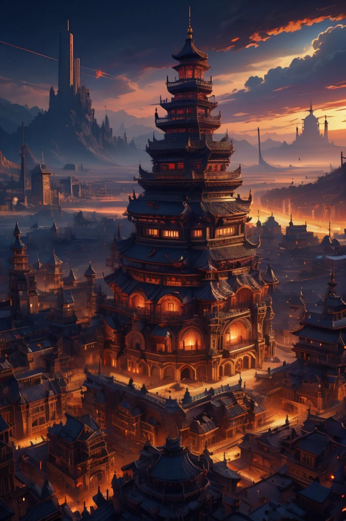 a large feudal cityscape, city of samurai, view from above, small ornate coliseum in the distance, stunning red accents and details, cinematic dramatic lighting, highly detailed, 8k, photorealistic, intricate architecture,