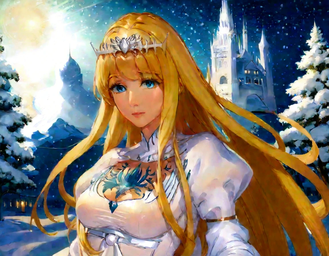 (best quality), ((masterpiece)), (highres), illustration, original, extremely detailed, light particles, glowing, upper body, , snowing, ,1girl,solo, calca, blonde hair, ,( extremely long hair:1.3), very long hair, extra long hair, white tiara, white dress, blue eyes,Calca Bessarez, medium breast,Calca