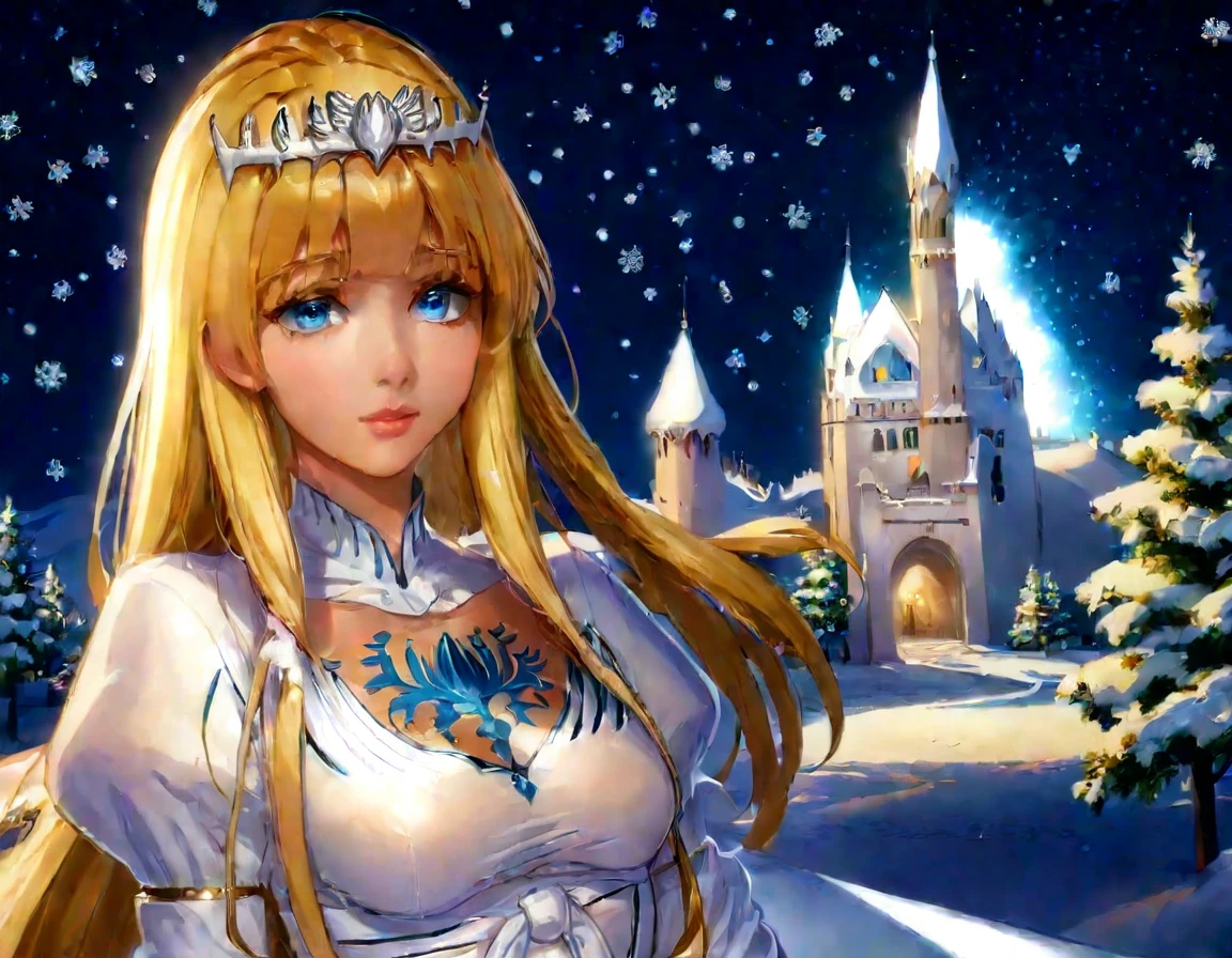 (best quality), ((masterpiece)), (highres), illustration, original, extremely detailed, light particles, glowing, upper body, , snowing, ,1girl,solo, calca, blonde hair, ,( extremely long hair:1.3), very long hair, extra long hair, white tiara, white dress, blue eyes,Calca Bessarez, medium breast,Calca