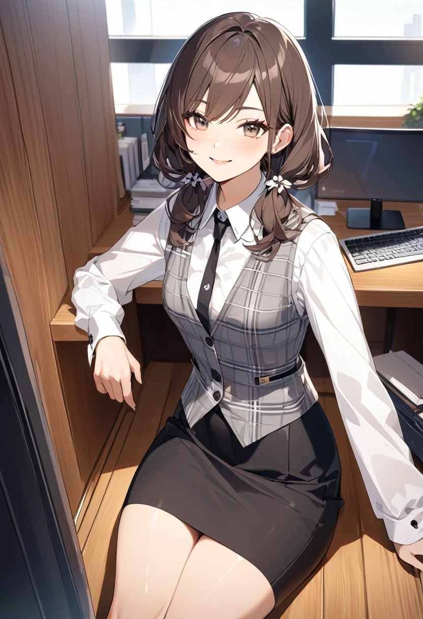 (Highest qualityのイラスト:1.2), (pretty girl:1.1), (1 girl、17 years old、Highest qualityのイラスト:1.2), (1 girl、smile、Small breasts、Very detailedな目:1.2)、{(((Dark brown hair)))、short hair、Wavy Hair、Curly Hair、Low Twintails}、Small breasts、(Highest quality、Very detailed、Very detailed and beautiful、Ultra-high resolution) 、BREAK wearing a [[white and gray plaid pattern]] vest over a long sleeve white collared-shirt), (buttoned gray vest:), (tight black pencil skirt)、office、Front facing、smile、
