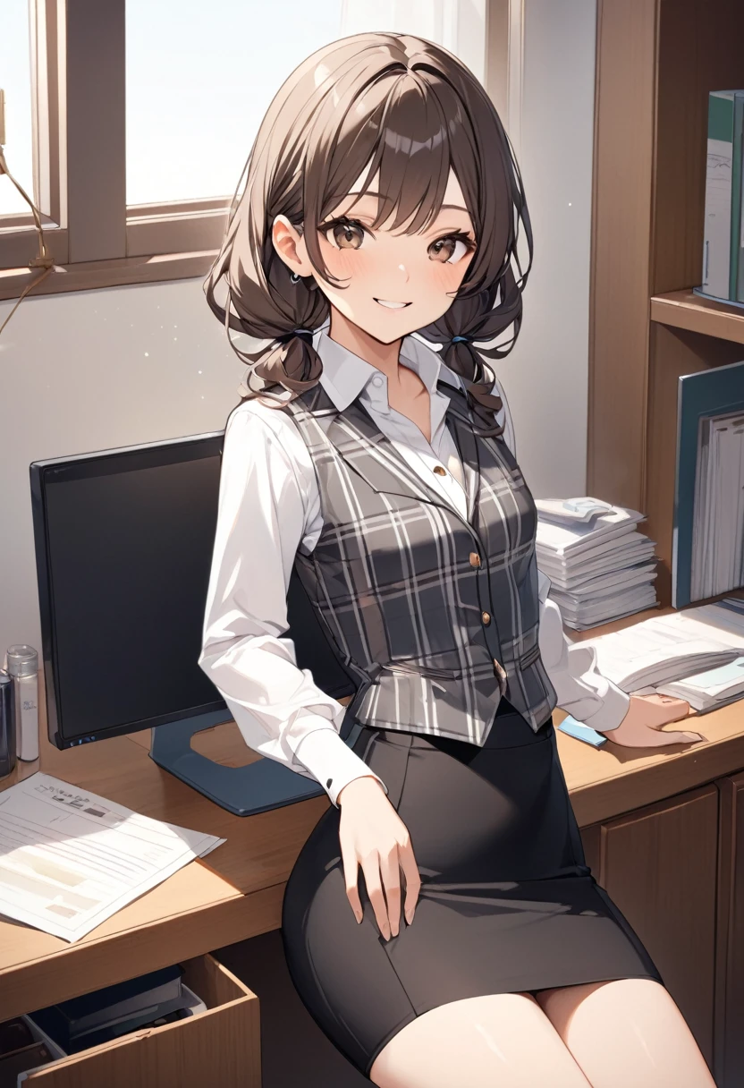 (Highest qualityのイラスト:1.2), (pretty girl:1.1), (1 girl、、Highest qualityのイラスト:1.2), (1 girl、smile、Small breasts、Very detailedな目:1.2)、{(((Dark brown hair)))、short hair、Wavy Hair、Curly Hair、Low Twintails}、Small breasts、(Highest quality、Very detailed、Very detailed and beautiful、Ultra-high resolution) 、BREAK wearing a [[white and gray plaid pattern]] vest over a long sleeve white collared-shirt), (buttoned gray vest:), (tight black pencil skirt)、office、Front facing、smile、
