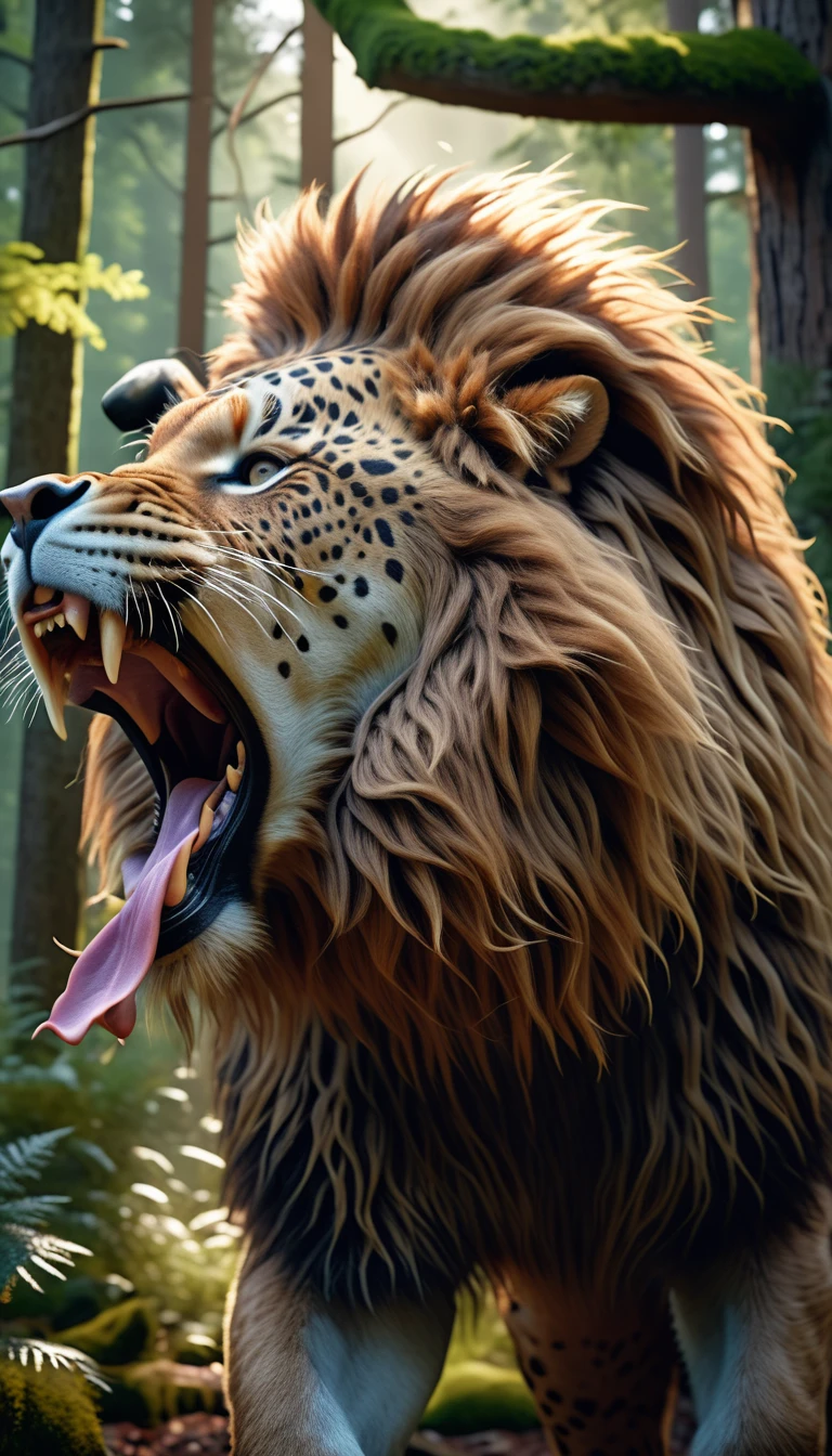 Front view，There is a wild man in the forest，The whole body is covered with mane（best quality，4K，8K，High level，masterpiece：1.2），Ultra Detailed，（lifelike，Photo real，Photo real：1.37），Highly detailed animals，Complex patterns，Realistic lighting，Fantasy Creatures