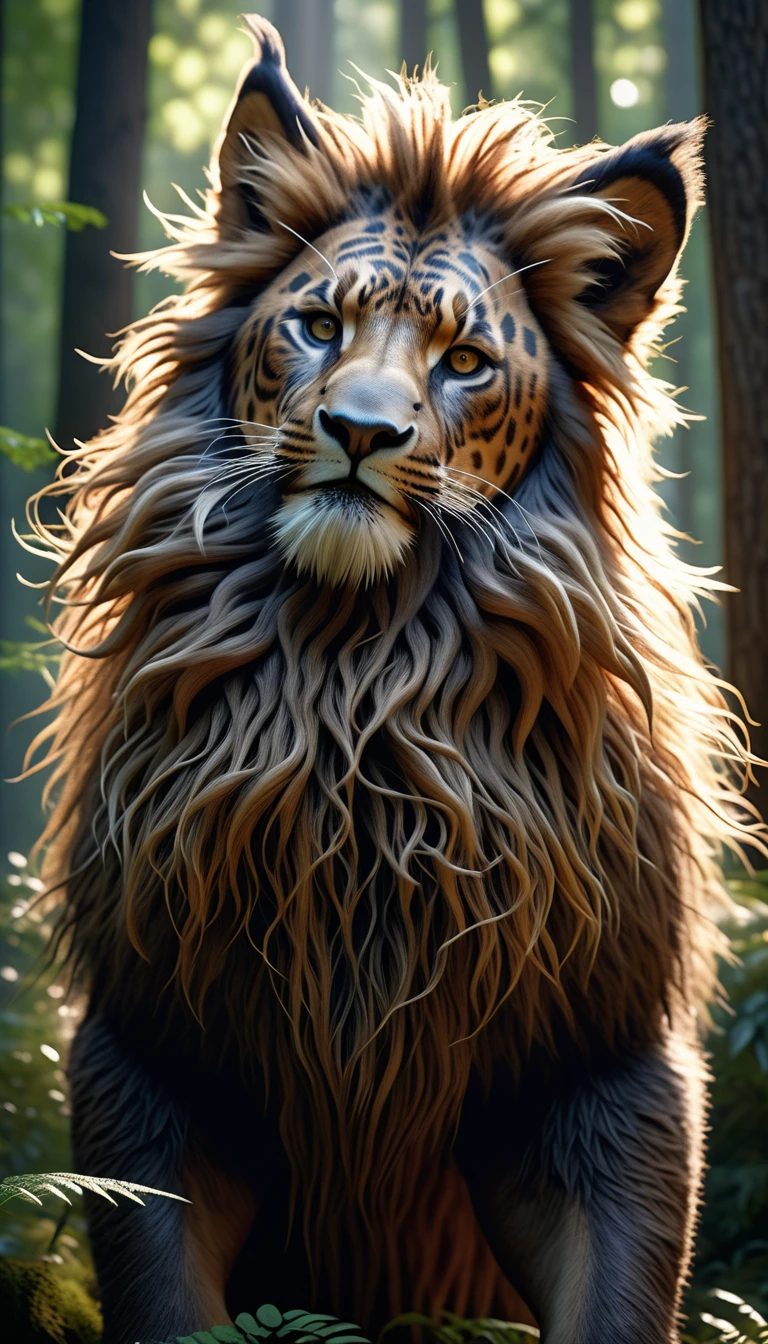 Front view，There is a wild man in the forest，The whole body is covered with mane（best quality，4K，8K，High level，masterpiece：1.2），Ultra Detailed，（lifelike，Photo real，Photo real：1.37），Highly detailed animals，Complex patterns，Realistic lighting，Fantasy Creatures