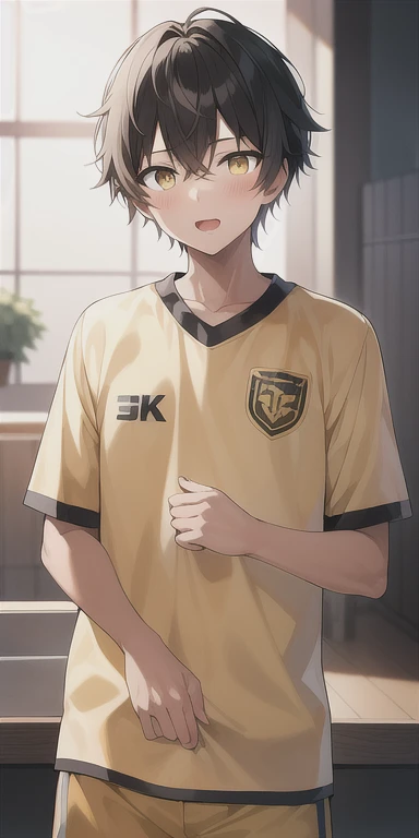 1boy, short straight black hair, yellow eyes, tan skin, wearing a sports uniform, absurdres, high res, ultrasharp, 8K, masterpiece, looking at viewer