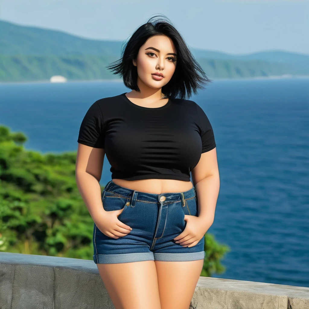 21yo girl, black hair, (bob Hair). Wearing black t shirt, denim short pants. natural big breast, show big thigh, plump body. Standing pose. The natural scenery background is very beautiful and interesting