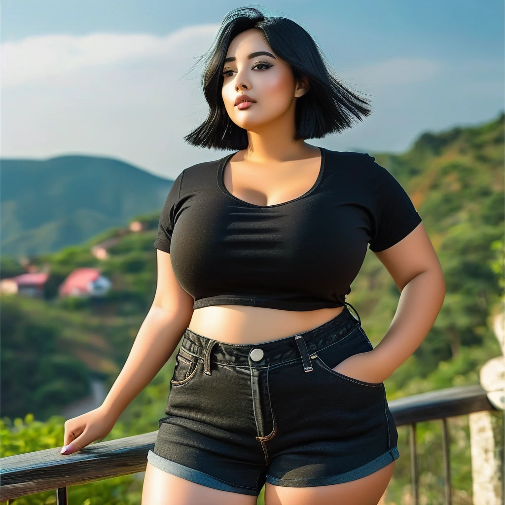 21yo girl, black hair, (bob Hair). Wearing black t shirt, denim short pants. natural big breast, show big thigh, plump body. Standing pose. The natural scenery background is very beautiful and interesting 