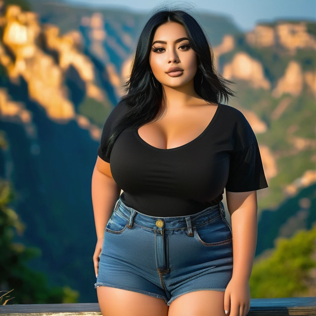 21yo girl, black hair, (bob Hair). Wearing black t shirt, denim short pants. natural big breast, show big thigh, plump body. Standing pose. The natural scenery background is very beautiful and interesting 