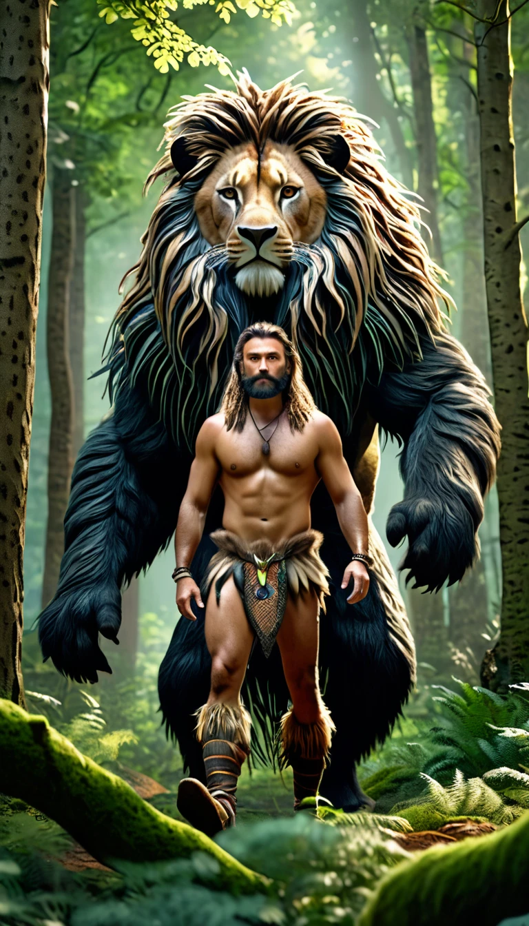 Front view，There is a wild man in the forest，The whole body is covered with mane（best quality，4K，8K，High level，masterpiece：1.2），Ultra Detailed，（lifelike，Photo real，Photo real：1.37），Highly detailed animals，Complex patterns，Realistic lighting，Fantasy Creatures