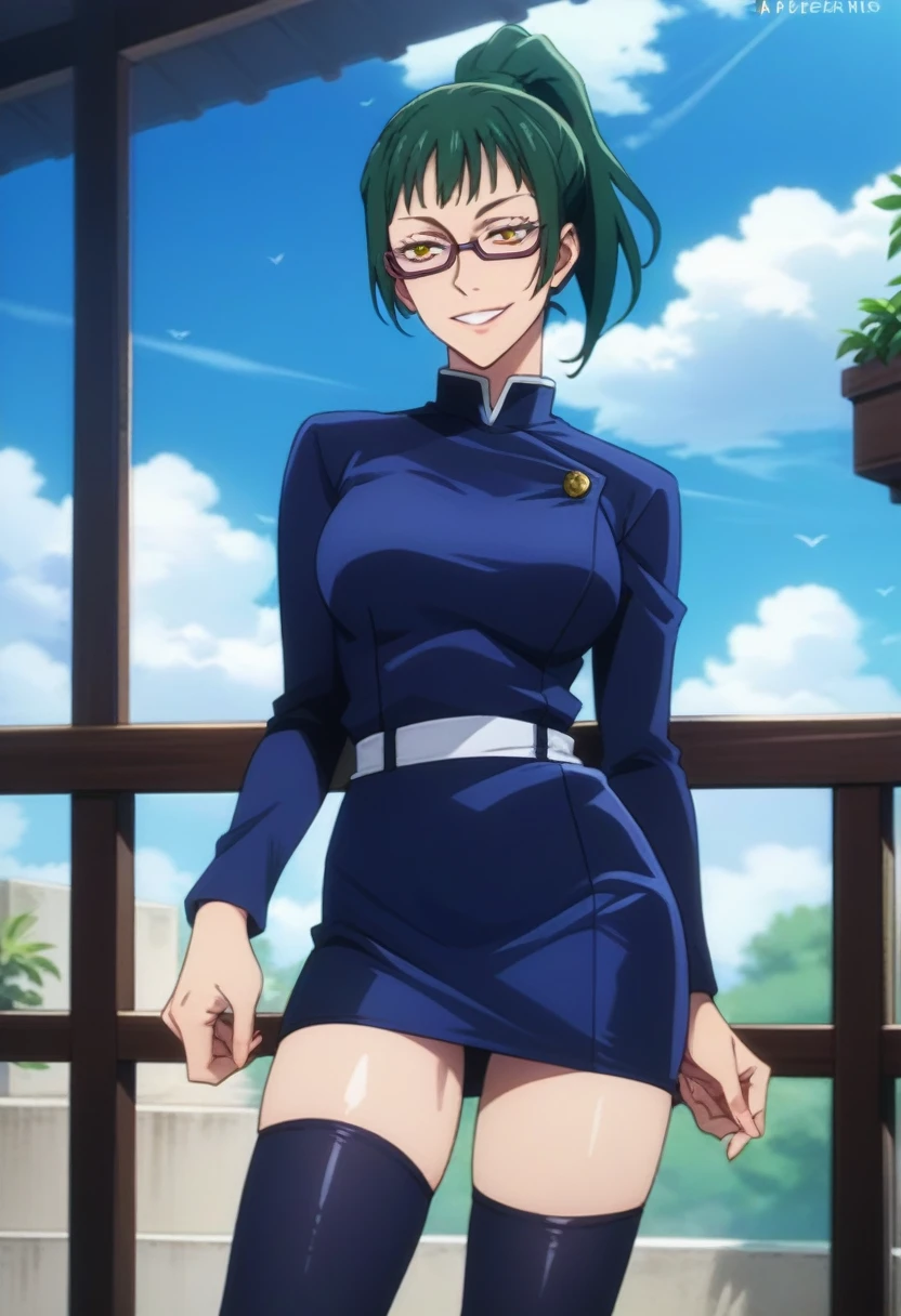 score_9, score_8_up, score_7_up, score_6_up, h1m3n0, 1girl, , mature female,  Maki Zenin , green ponytail bang hair, glasses, yellow eyes, dark blue tight jujutsu uniform with tight skirt and stockings, naughty smile, balcony, standing in seductive pose