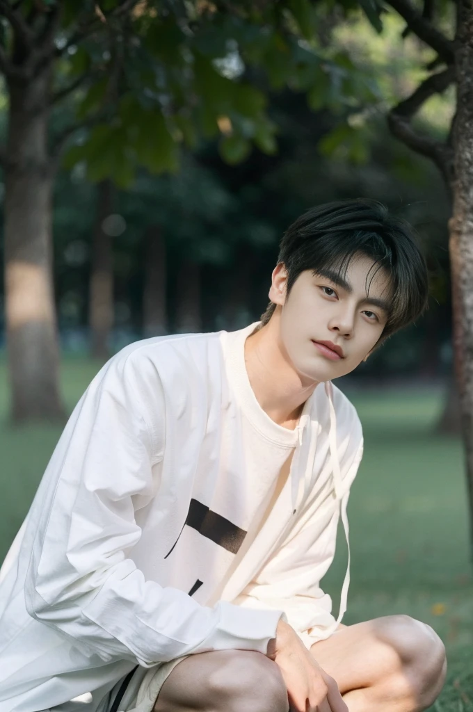 Asian muscular boy sitting on grass , wearing only white shirt, black micro thong, showing his naked thighs, muscular young male,, mid shot portrait, high quality portrait, Attractive pose, yanjun cheng, Inspired by Bian Shoumin, gorgeous young model, Casual pose, portrait a  25 - year - old boy, casual photography, Realistic. Cheng Yi, cute young man