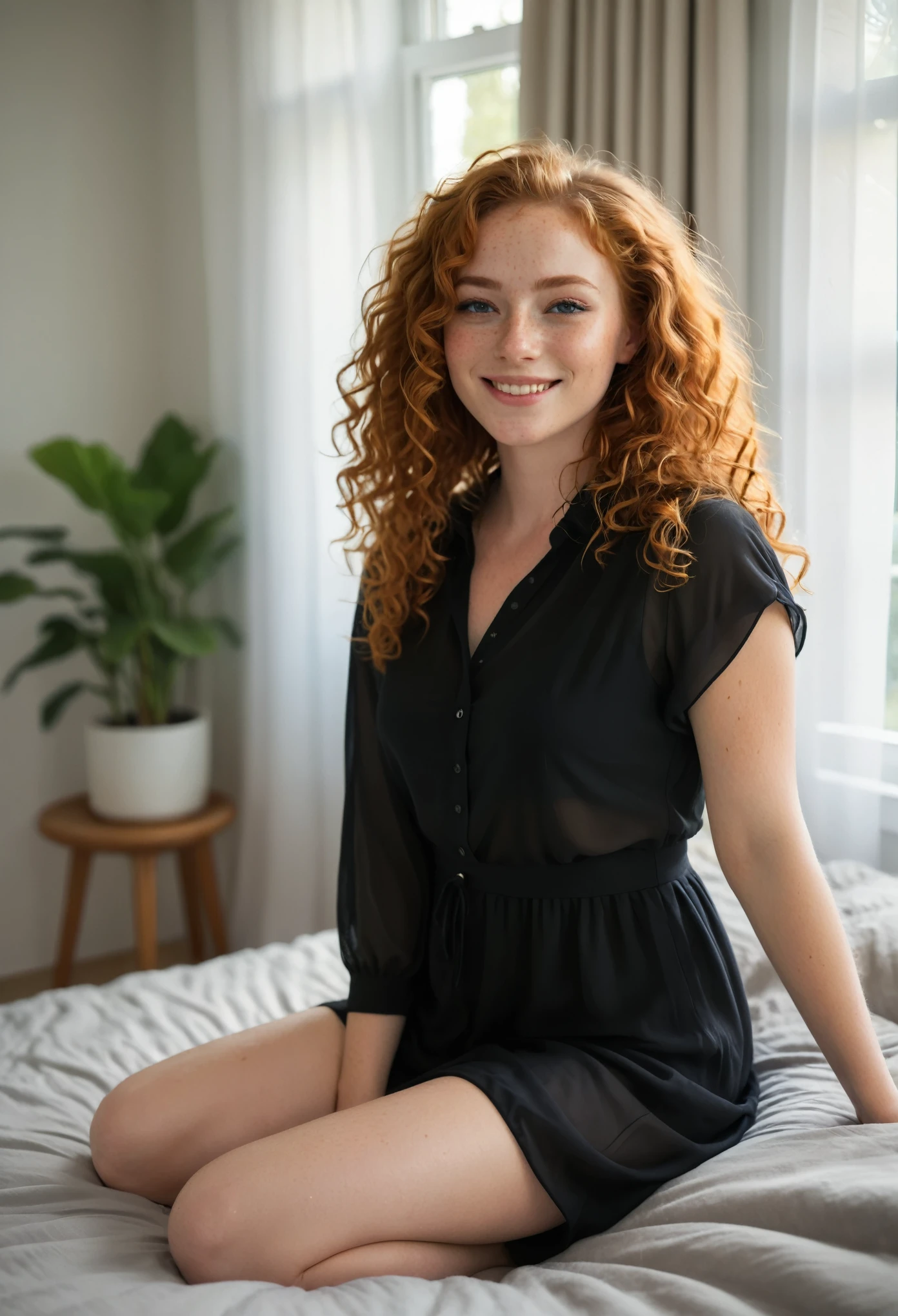 full body photo ((extremely attractive)) woman, long curly ginger hair, perfect eyes, (freckles:0. 2, light makeup, black blouse, long dress clothes, sitting on the end of her bed in her bedroom, gorgeous smile, bright sunlight coming through the windows, sheer curtains diffusing the sunlight . large depth of field, deep depth of field, highly detailed, highly detailed, 8k sharp focus, ultra photorealism