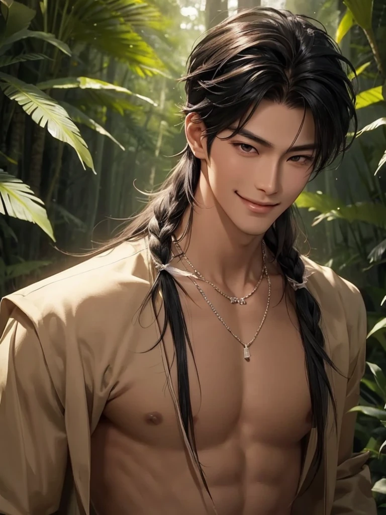 Handsome korean，tall and strong,perfect male figure, eyes looking at camera, ((tanned skin)),forest，feather hair accessories，black hair,serious expression,necklace,Ray tracing, smiling 