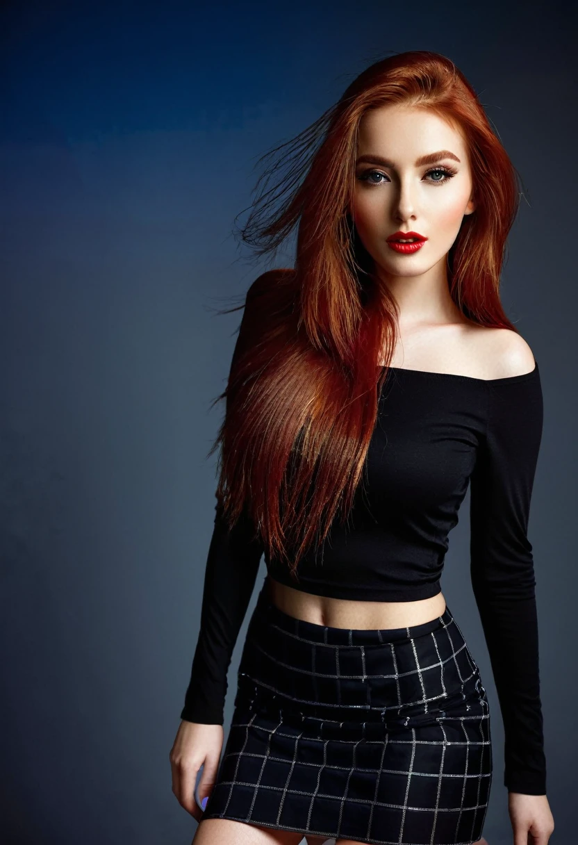 BEAUTIFUL GIRL OF MODEL APPEARANCE,with long red hair ,WITH RED AND BLACK CHECKED SKIRT,in short skirt,above knee skirt,Skin details,luminescent ,8k