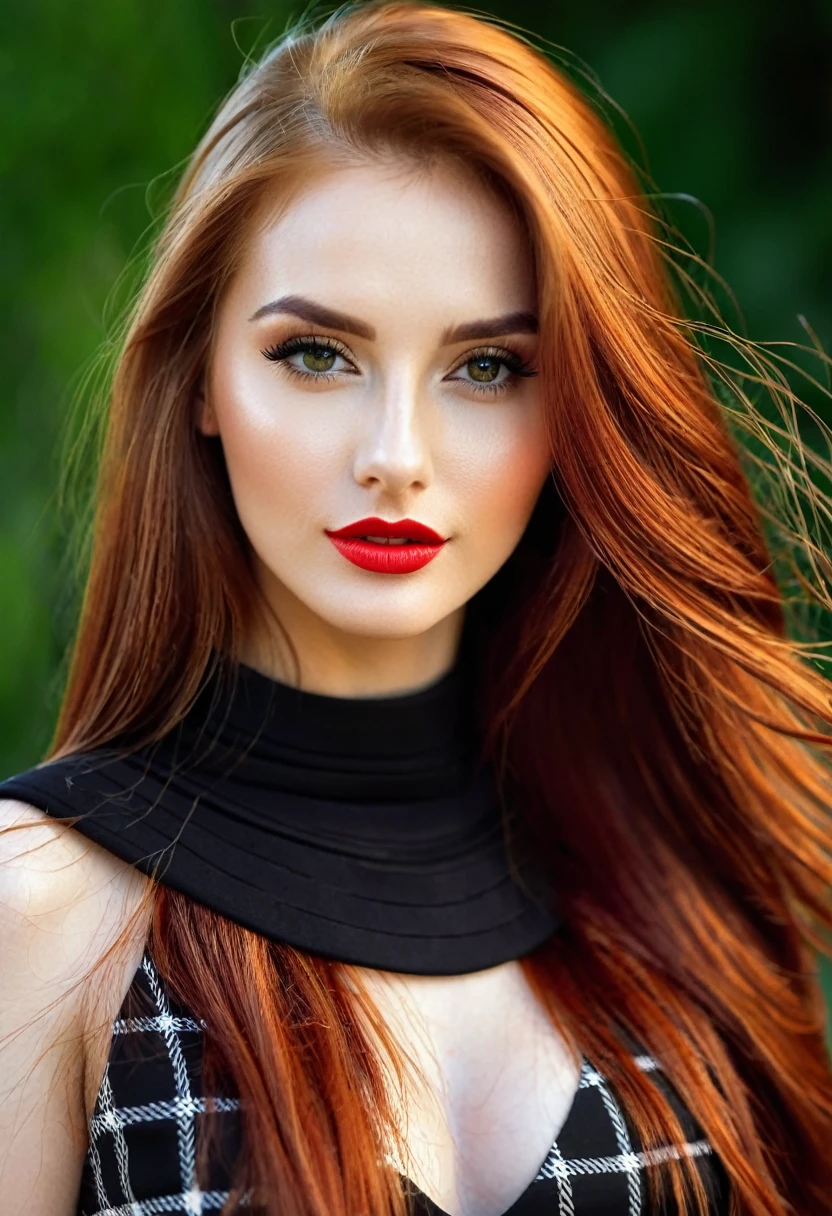 BEAUTIFUL GIRL OF MODEL APPEARANCE,with long red hair ,WITH RED AND BLACK CHECKED SKIRT,in short skirt,above knee skirt,Skin details,luminescent ,8k