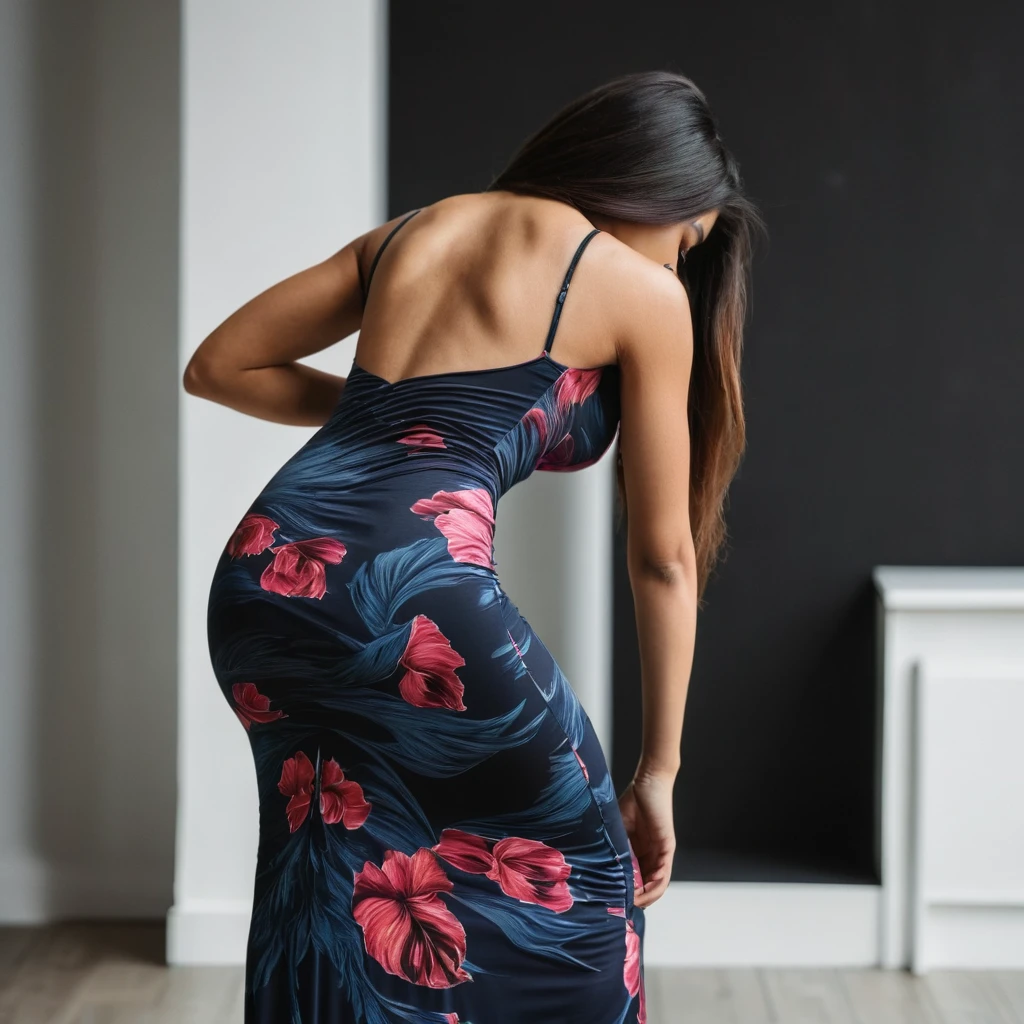 Rear view shot of a young woman bending over in a maxi bodycon dress