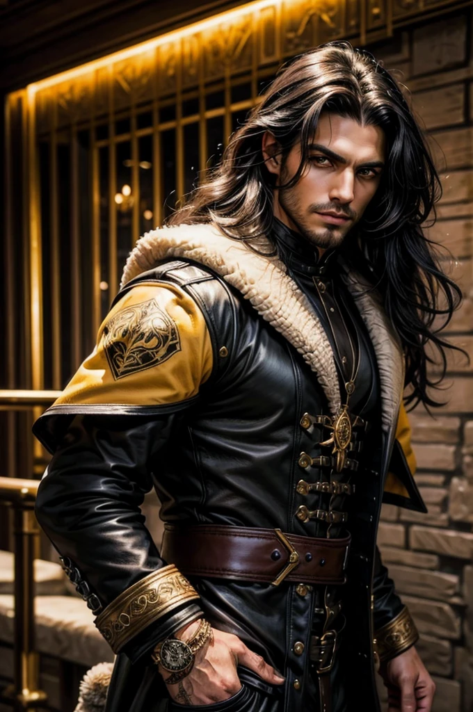 Mediovale, rogue, confident, seducer, Man with long black hair, wearing leather, piercing golden yellow eyes, a sheep, beautiful impressive realistic, handsome man, handsome man, handsome man, lindo ja sheep, attractive long hair