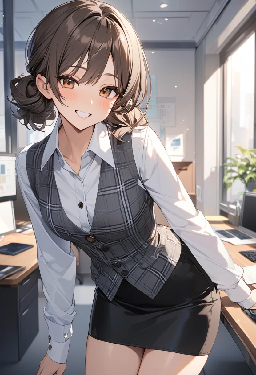 (Highest qualityのイラスト:1.2), (pretty girl:1.1), (1 girl、17 years old、Highest qualityのイラスト:1.2), (1 girl、smile、Small breasts、Very detailedな目:1.2)、{(((Dark brown hair)))、short hair、Wavy Hair、Curly Hair、Low Twintails}、Small breasts、(Highest quality、Very detailed、Very detailed and beautiful、Ultra-high resolution) 、BREAK wearing a [[white and gray plaid pattern]] vest over a long sleeve white collared-shirt), (buttoned gray vest:), (tight black pencil skirt)、office、Front facing、smile、
