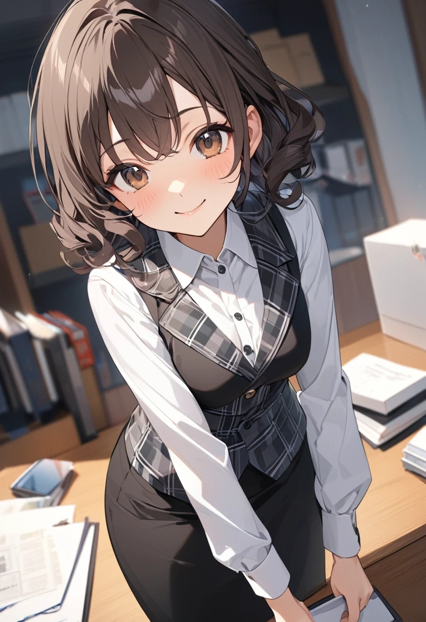 (Highest qualityのイラスト:1.2), (pretty girl:1.1), (1 girl、17 years old、Highest qualityのイラスト:1.2), (1 girl、smile、Small breasts、Very detailedな目:1.2)、{(((Dark brown hair)))、short hair、Wavy Hair、Curly Hair、Low Twintails}、Small breasts、(Highest quality、Very detailed、Very detailed and beautiful、Ultra-high resolution) 、BREAK wearing a [[white and gray plaid pattern]] vest over a long sleeve white collared-shirt), (buttoned gray vest:), (tight black pencil skirt)、office、Front facing、smile、
