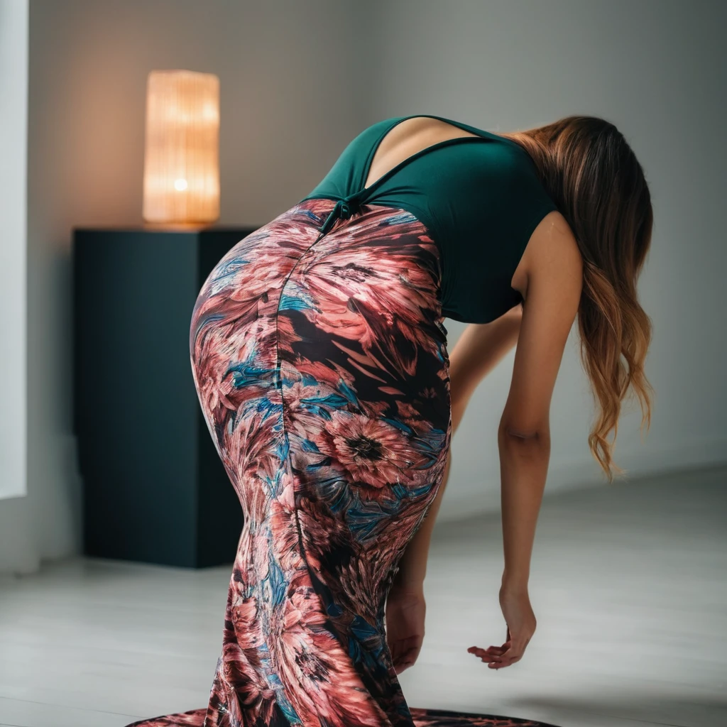 Rear view shot of a young woman bending over in a maxi bodycon dress