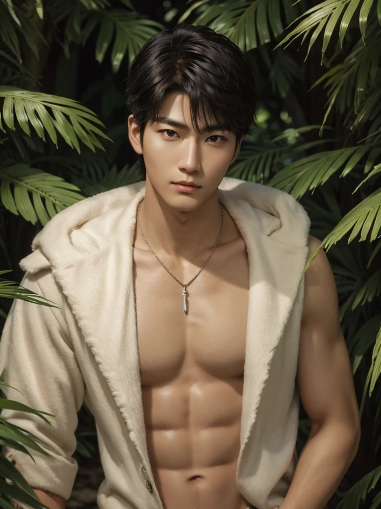 Handsome korean,tall and strong,perfect male figure, eyes looking at camera, ((tanned skin)),forest,feather hair accessories,black hair,serious expression,necklace,Ray tracing