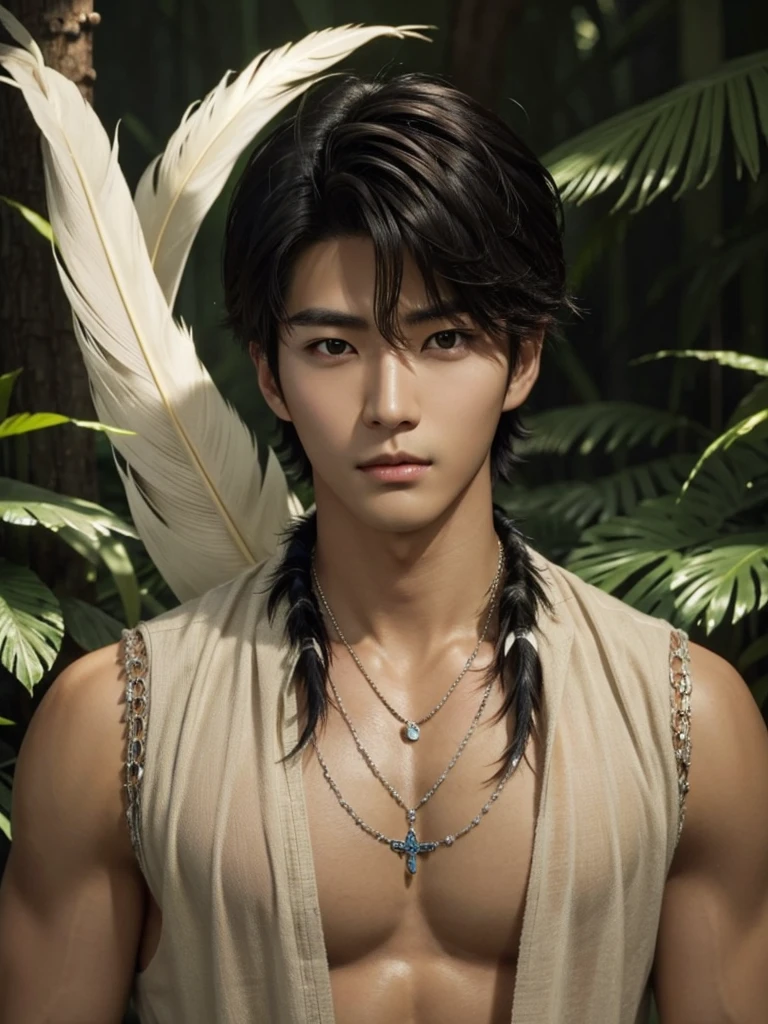 Handsome korean,tall and strong,perfect male figure, eyes looking at camera, ((tanned skin)),forest,feather hair accessories,black hair,serious expression,necklace,Ray tracing
