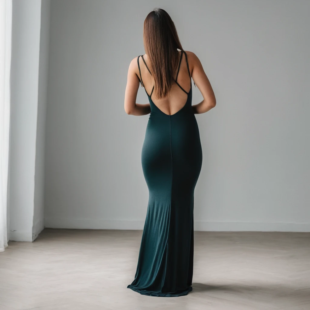 Rear view shot of a young woman bending over in a maxi bodycon dress
