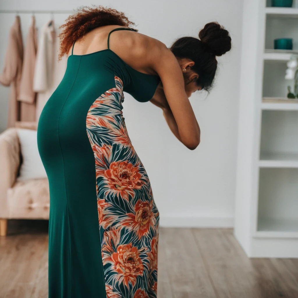 Rear view shot of a young woman bending over in a maxi bodycon dress