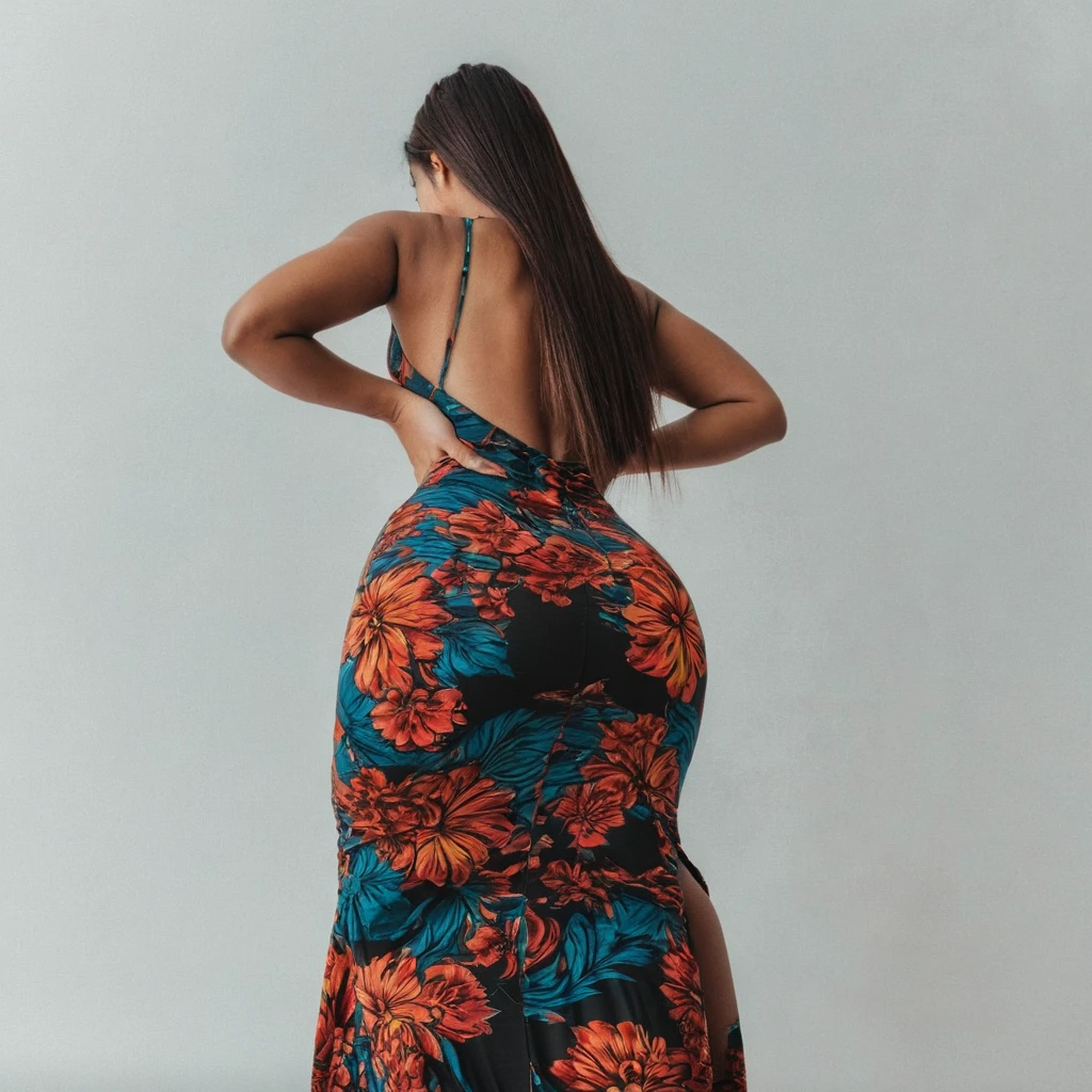 Rear view shot of a young woman bending over in a maxi bodycon dress
