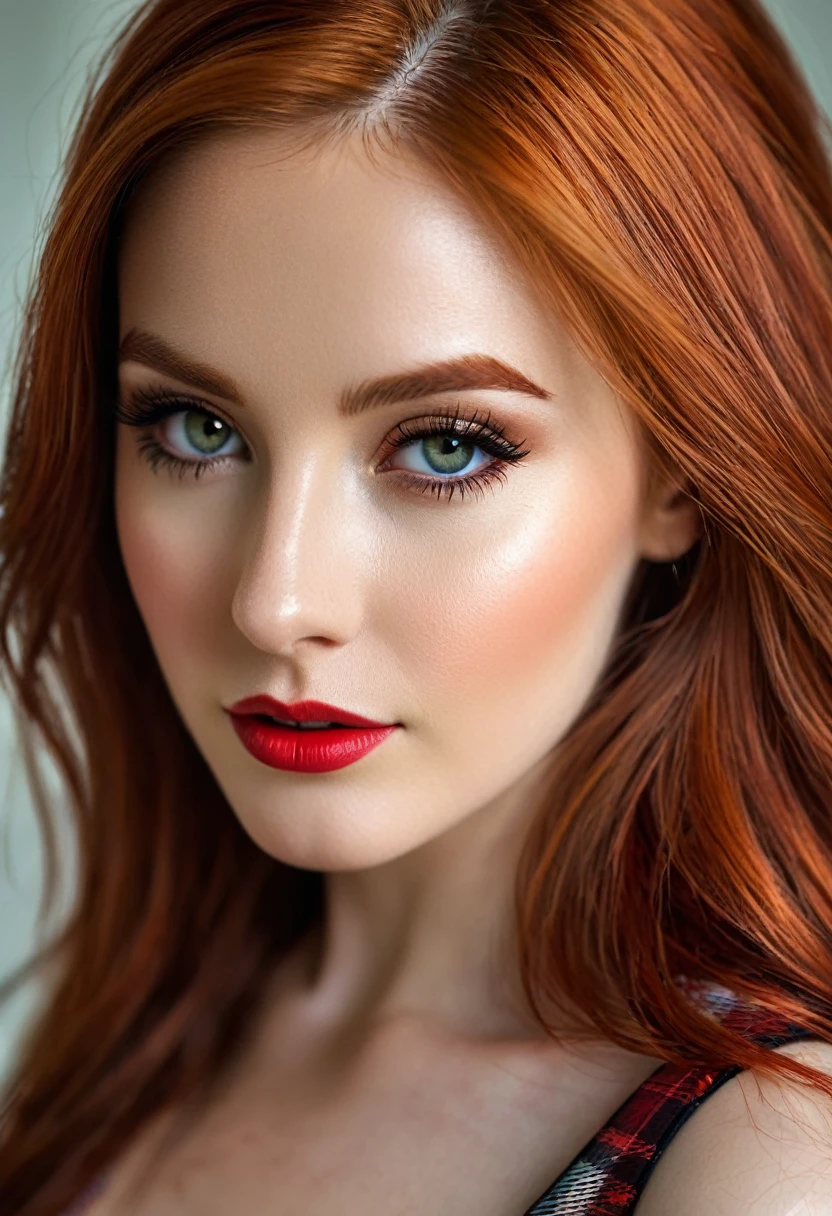 1 beautiful redhead girl, long hair, red and black plaid miniskirt, short skirt above the knee, detailed skin, luminescent, (best quality,4k,8k,highres,masterpiece:1.2),ultra-detailed,(realistic,photorealistic,photo-realistic:1.37),highly detailed face,beautiful eyes,beautiful nose,beautiful lips,extremely detailed eyes and face,long eyelashes,glowing skin,natural lighting,warm colors,vivid colors,soft lighting,elegant,fashion photography,portrait
