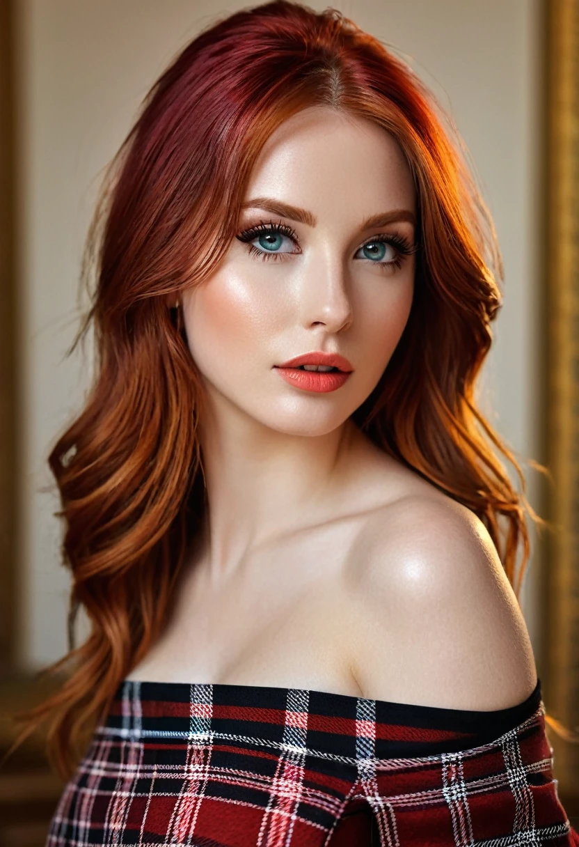 1 beautiful redhead girl, long hair, red and black plaid miniskirt, short skirt above the knee, detailed skin, luminescent, (best quality,4k,8k,highres,masterpiece:1.2),ultra-detailed,(realistic,photorealistic,photo-realistic:1.37),highly detailed face,beautiful eyes,beautiful nose,beautiful lips,extremely detailed eyes and face,long eyelashes,glowing skin,natural lighting,warm colors,vivid colors,soft lighting,elegant,fashion photography,portrait