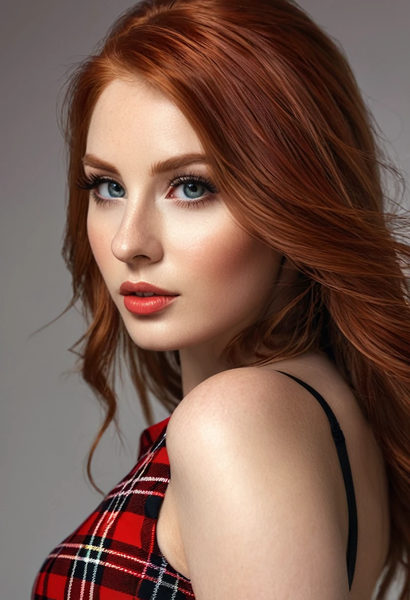 1 beautiful redhead girl, long hair, red and black plaid miniskirt, short skirt above the knee, detailed skin, luminescent, (best quality,4k,8k,highres,masterpiece:1.2),ultra-detailed,(realistic,photorealistic,photo-realistic:1.37),highly detailed face,beautiful eyes,beautiful nose,beautiful lips,extremely detailed eyes and face,long eyelashes,glowing skin,natural lighting,warm colors,vivid colors,soft lighting,elegant,fashion photography,portrait