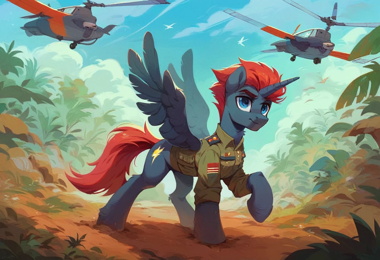Male alicorn pony, black fur, red hair, blue eyes, army uniform, standing on a dirt airplane runway, dust storm, jungle, army jeeps in background, helicopter coming to land, close-up portrait