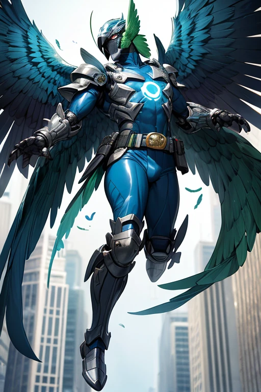 ((best quality)), ((masterpiece)), (detailed), 1 man, full body, 25 years old, masked, blue mask, blue head, uncovered mouth, biker helmet, blue helmet, parrot helmet, black neck, tall, thin, black beak, black details, a green parrot with a blue head on his side, metallic wings, wings on his arms, blue fingerless gloves, blue wristbands, luminous blue wings shooting lasers, blue suit resembling light armor, blue suit with an emblem, entirely green chest, emblem on his chest, green pants, deployable bird tail, metallic feathers, gray knee pads, metallic gray boots, metallic bird claws, black superhero belt, flying through the city, midday city background, anime