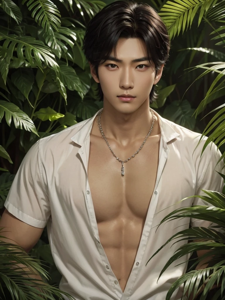 (Photorealistic: 1.2, top quality, 8k, wet: 1.3), (man, hands on chest), man is 20 years old black-haired Ukrainian, Soji Okita, actor, kimono, (sweat: 1.2, wet: 1.2), fine skin, (film lighting, arm hair, beard), tan, soft light, double eyelids, (seductive), (((excited))